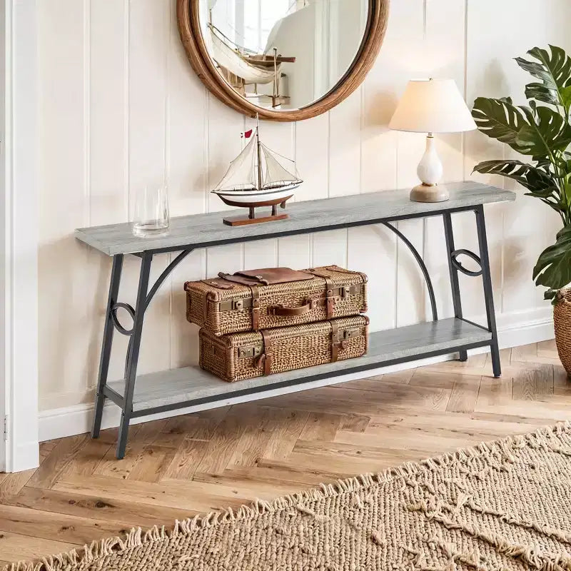 Consolle ad arco da 70,9", 2 ripiani, piano in legno grigio e struttura in metallo nero