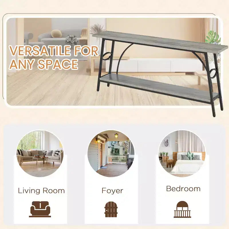 Consolle ad arco da 70,9", 2 ripiani, piano in legno grigio e struttura in metallo nero
