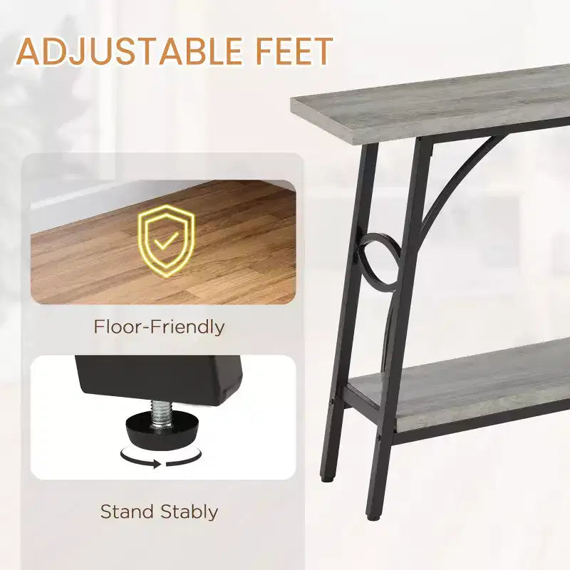 Consolle ad arco da 70,9", 2 ripiani, piano in legno grigio e struttura in metallo nero