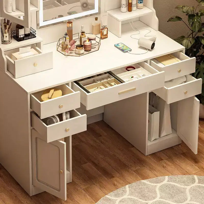 Grande Toeletta da Trucco Angolare con 6 Cassetti, Scaffali e Specchio Grande, Bianca