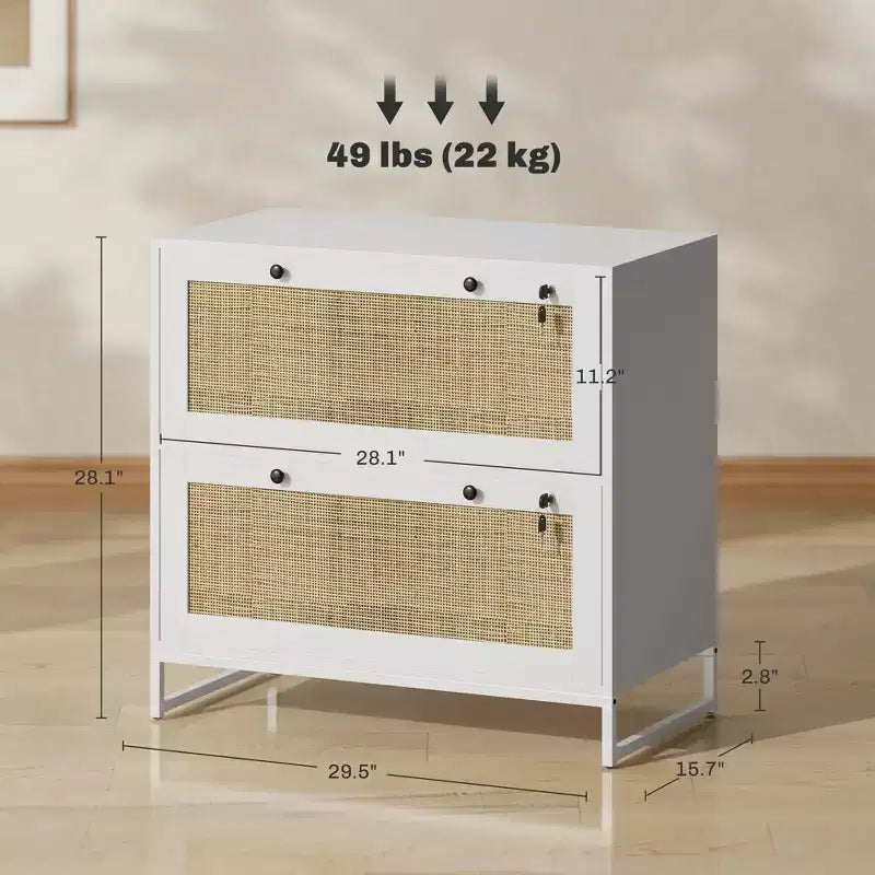 Classificatore Bohémien a 2 cassetti con pannelli in rattan, formato Letter/A4/Legal, richiudibile