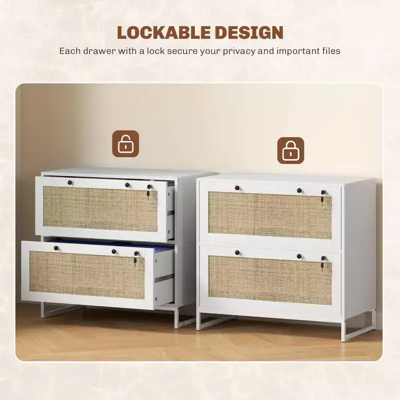 Classificatore Bohémien a 2 cassetti con pannelli in rattan, formato Letter/A4/Legal, richiudibile