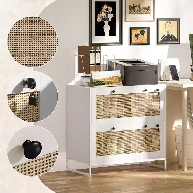 Classificatore Bohémien a 2 cassetti con pannelli in rattan, formato Letter/A4/Legal, richiudibile
