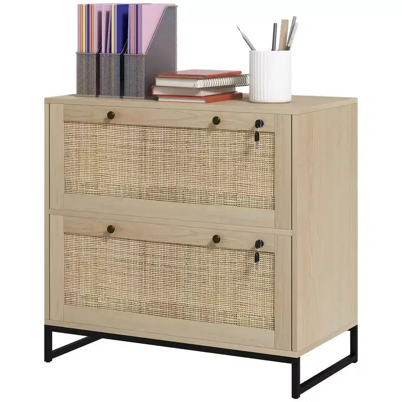 Classificatore Bohémien a 2 cassetti con pannelli in rattan, formato Letter/A4/Legal, richiudibile