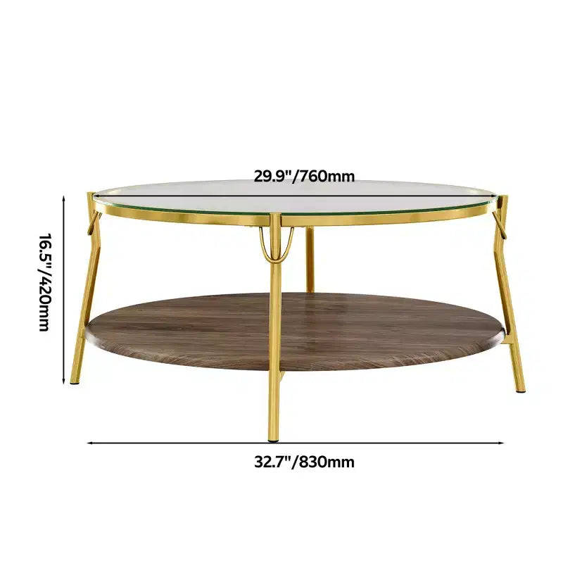 Tavolino da caffè rotondo a 2 ripiani, finitura noce, piano in vetro e base in metallo dorato, 76 cm