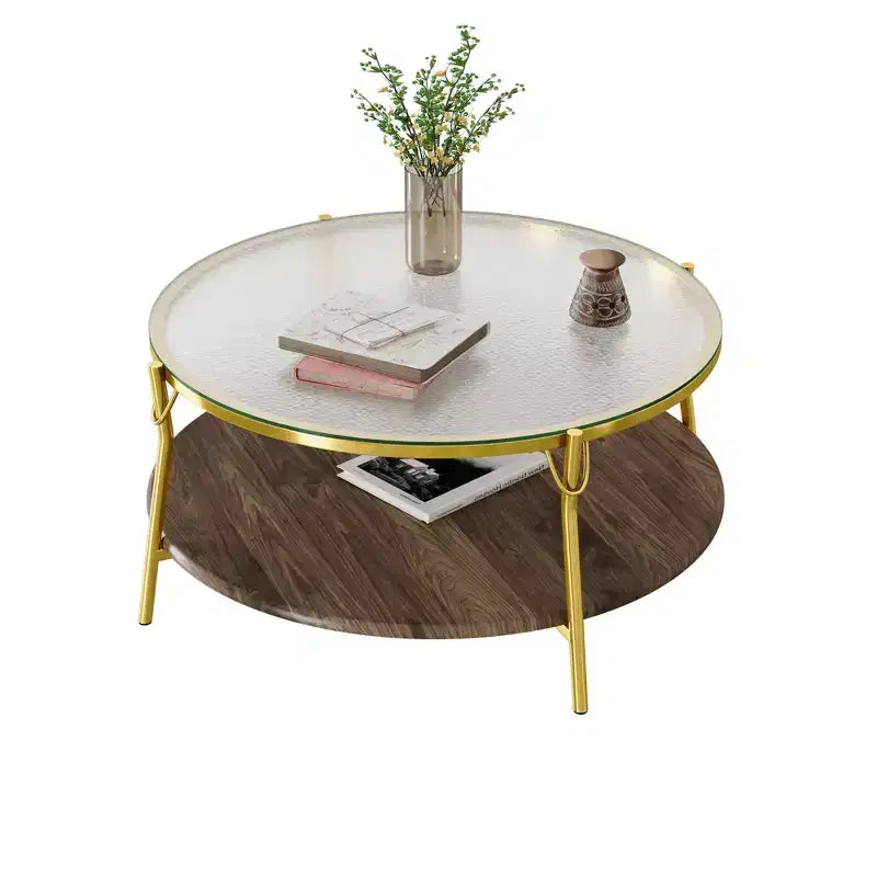 Tavolino da caffè rotondo a 2 ripiani, finitura noce, piano in vetro e base in metallo dorato, 76 cm