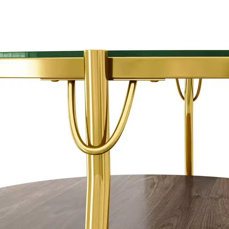 Tavolino da caffè rotondo a 2 ripiani, finitura noce, piano in vetro e base in metallo dorato, 76 cm