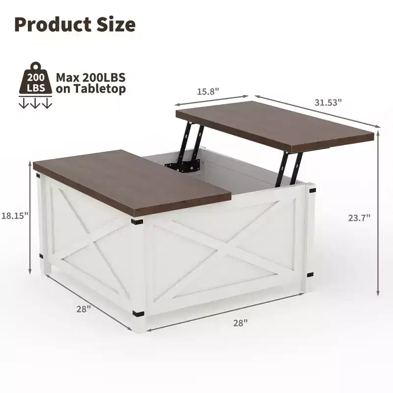 Tavolino da caffè sollevabile con contenitore nascosto, design industriale a X