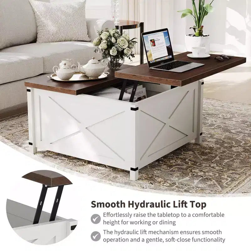 Tavolino da caffè sollevabile con contenitore nascosto, design industriale a X