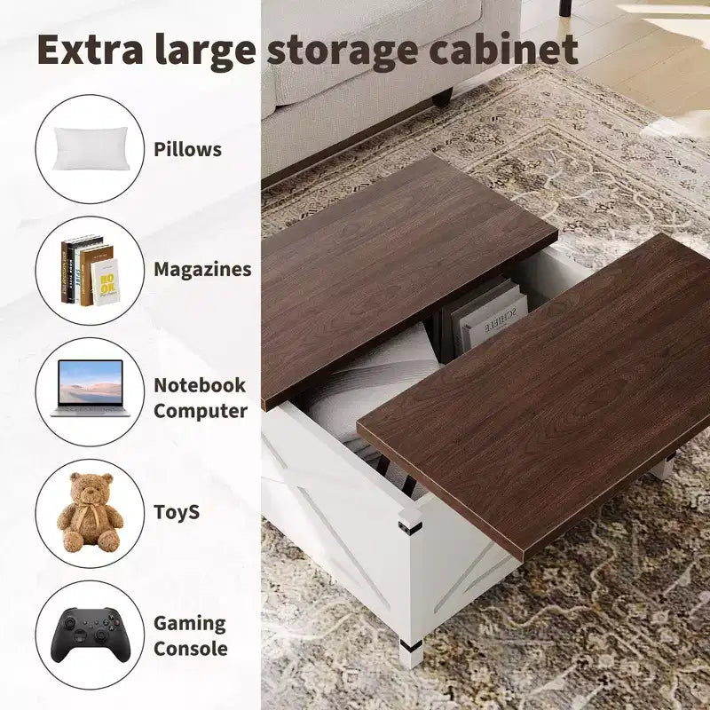 Tavolino da caffè sollevabile con contenitore nascosto, design industriale a X