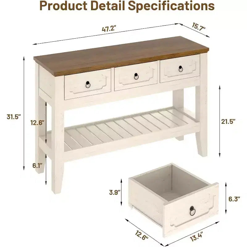 Tavolino Consolle da Ingresso 119 cm Stile Rustico con 3 Cassetti e Ripiano, Tavolo Stretto