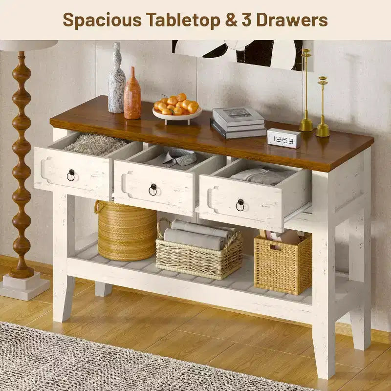 Tavolino Consolle da Ingresso 119 cm Stile Rustico con 3 Cassetti e Ripiano, Tavolo Stretto