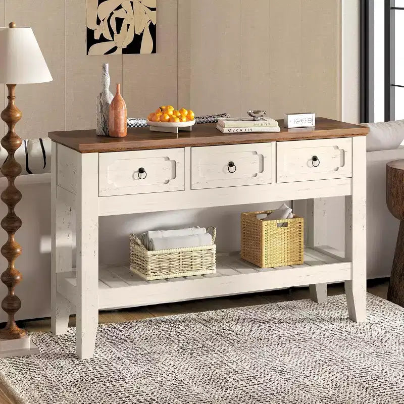 Tavolino Consolle da Ingresso 119 cm Stile Rustico con 3 Cassetti e Ripiano, Tavolo Stretto