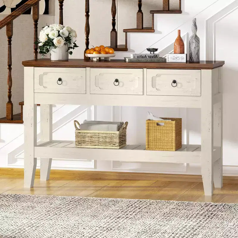 Tavolino Consolle da Ingresso 119 cm Stile Rustico con 3 Cassetti e Ripiano, Tavolo Stretto