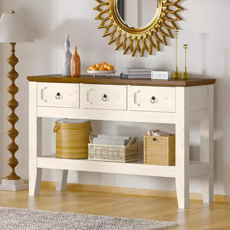 Tavolino Consolle da Ingresso 119 cm Stile Rustico con 3 Cassetti e Ripiano, Tavolo Stretto