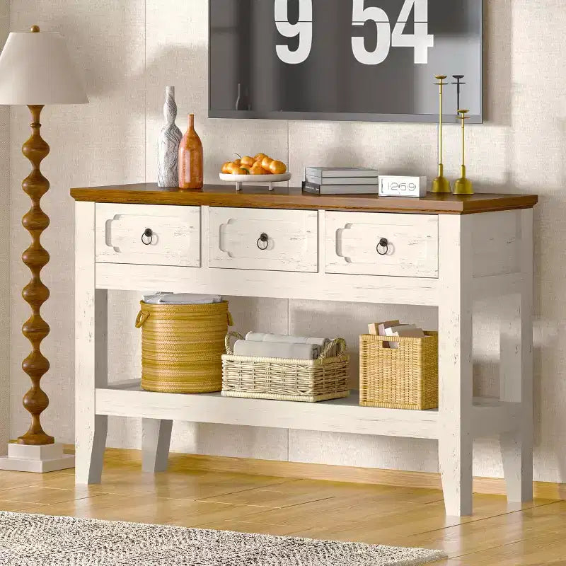 Tavolino Consolle da Ingresso 119 cm Stile Rustico con 3 Cassetti e Ripiano, Tavolo Stretto