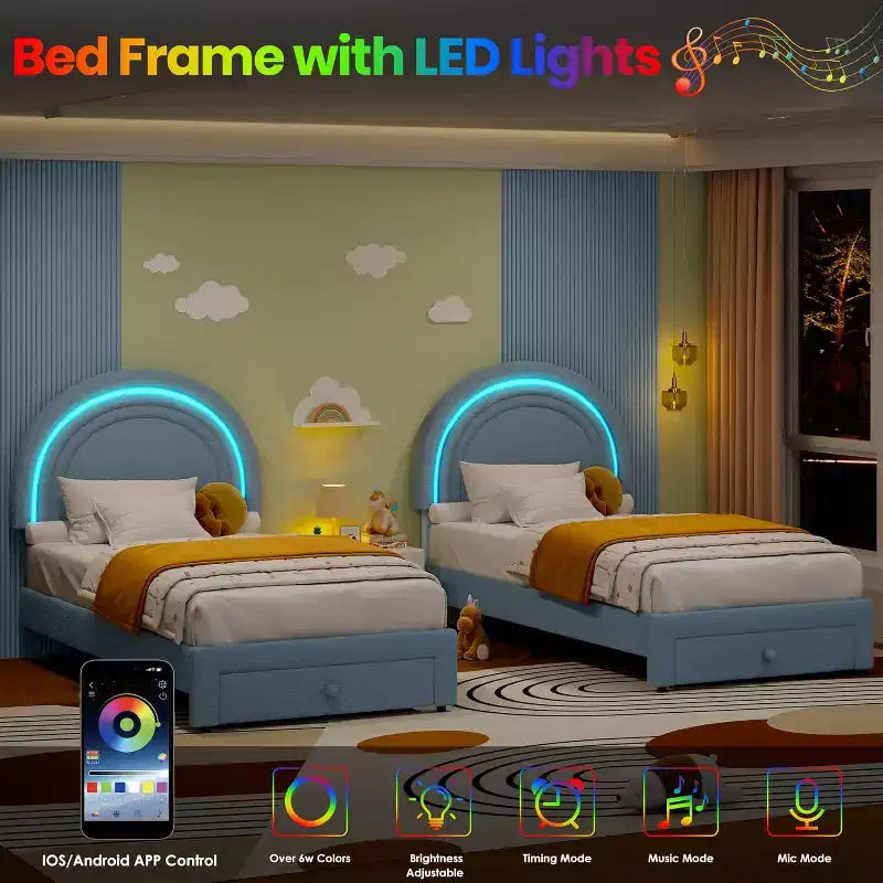 Struttura letto per bambini imbottita, testiera arcobaleno con LED, cassetto portaoggetti