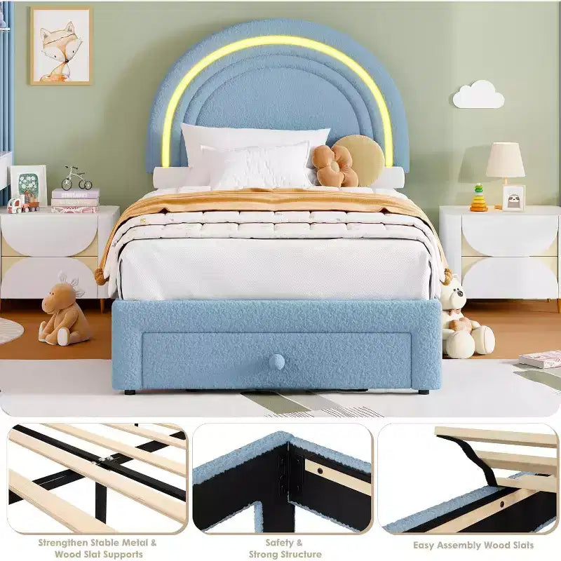 Struttura letto per bambini imbottita, testiera arcobaleno con LED, cassetto portaoggetti