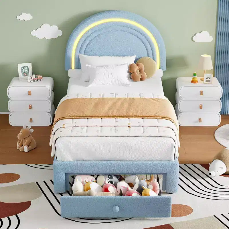 Struttura letto per bambini imbottita, testiera arcobaleno con LED, cassetto portaoggetti