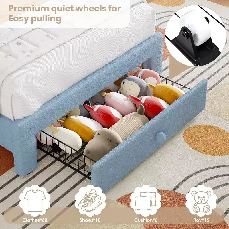 Struttura letto per bambini imbottita, testiera arcobaleno con LED, cassetto portaoggetti