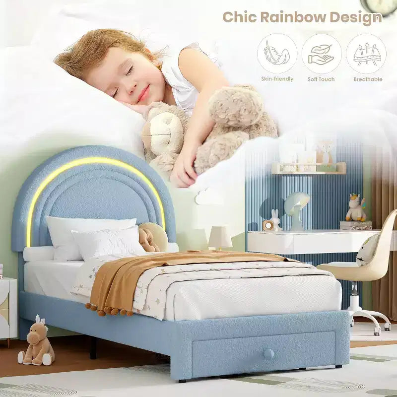 Struttura letto per bambini imbottita, testiera arcobaleno con LED, cassetto portaoggetti