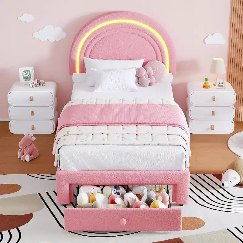 Struttura letto per bambini imbottita, testiera arcobaleno con LED, cassetto portaoggetti
