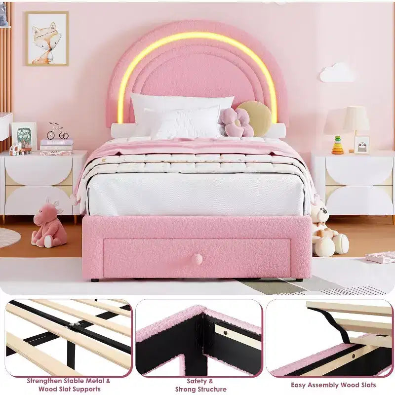 Struttura letto per bambini imbottita, testiera arcobaleno con LED, cassetto portaoggetti
