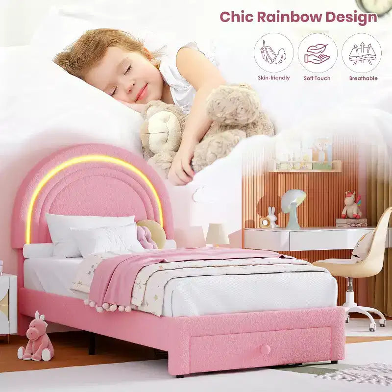 Struttura letto per bambini imbottita, testiera arcobaleno con LED, cassetto portaoggetti