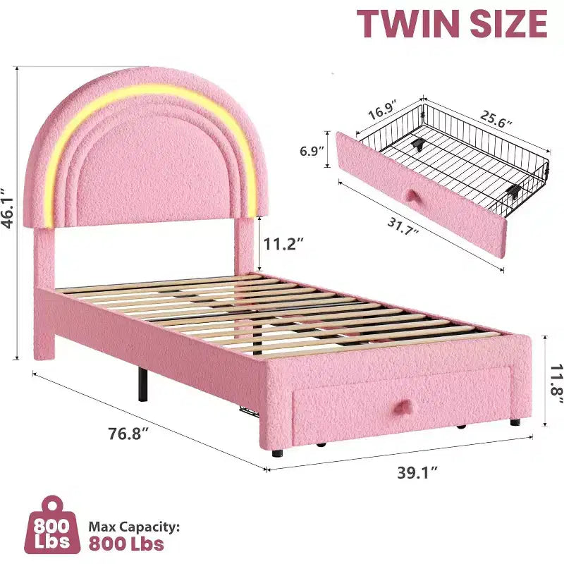 Struttura letto per bambini imbottita, testiera arcobaleno con LED, cassetto portaoggetti