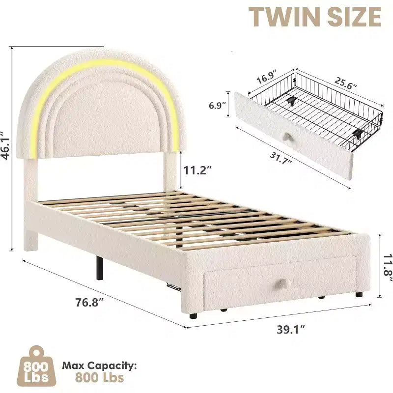 Struttura letto per bambini imbottita, testiera arcobaleno con LED, cassetto portaoggetti