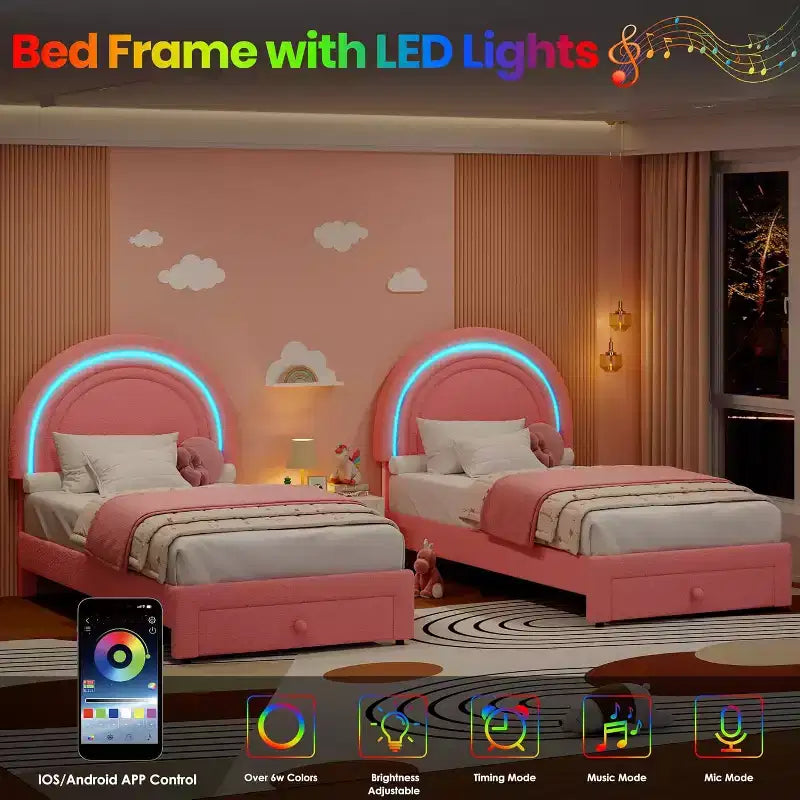 Struttura letto per bambini imbottita, testiera arcobaleno con LED, cassetto portaoggetti
