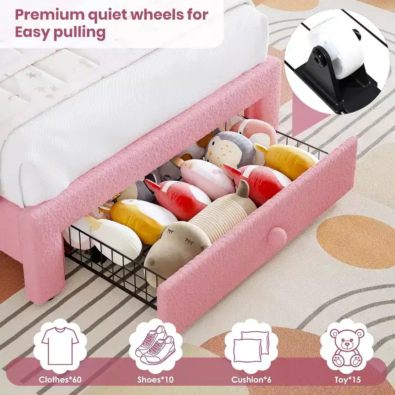 Struttura letto per bambini imbottita, testiera arcobaleno con LED, cassetto portaoggetti