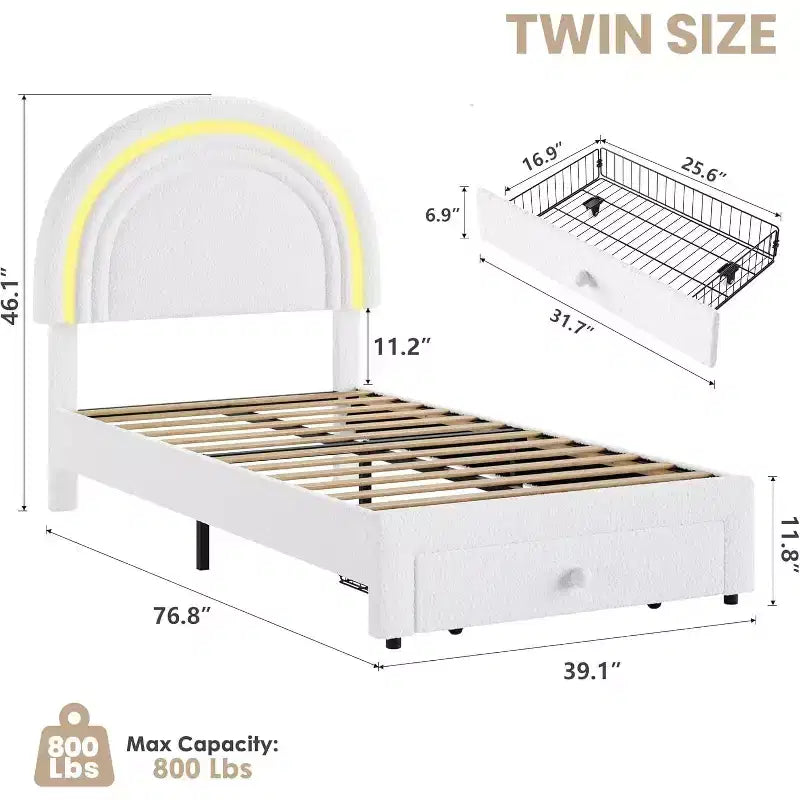 Struttura letto per bambini imbottita, testiera arcobaleno con LED, cassetto portaoggetti