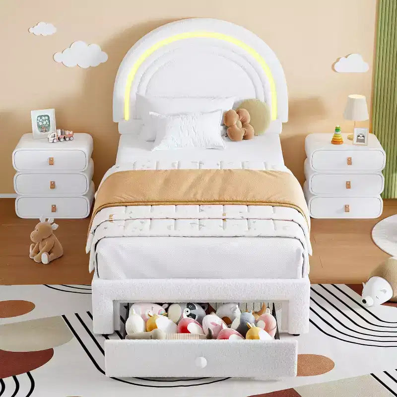 Struttura letto per bambini imbottita, testiera arcobaleno con LED, cassetto portaoggetti