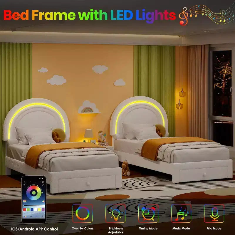 Struttura letto per bambini imbottita, testiera arcobaleno con LED, cassetto portaoggetti