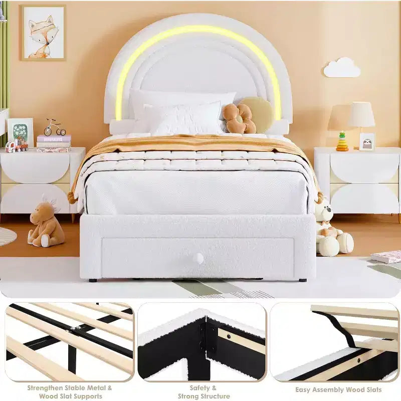 Struttura letto per bambini imbottita, testiera arcobaleno con LED, cassetto portaoggetti