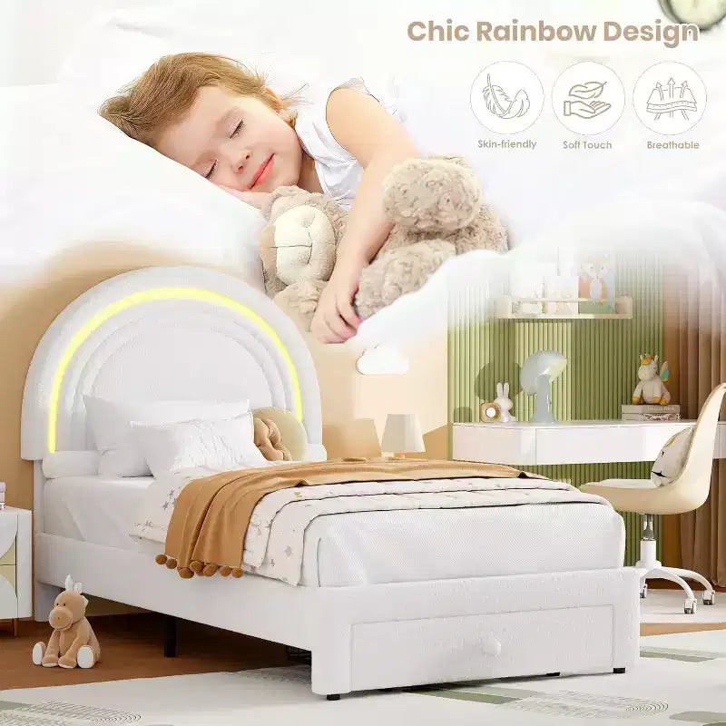 Struttura letto per bambini imbottita, testiera arcobaleno con LED, cassetto portaoggetti