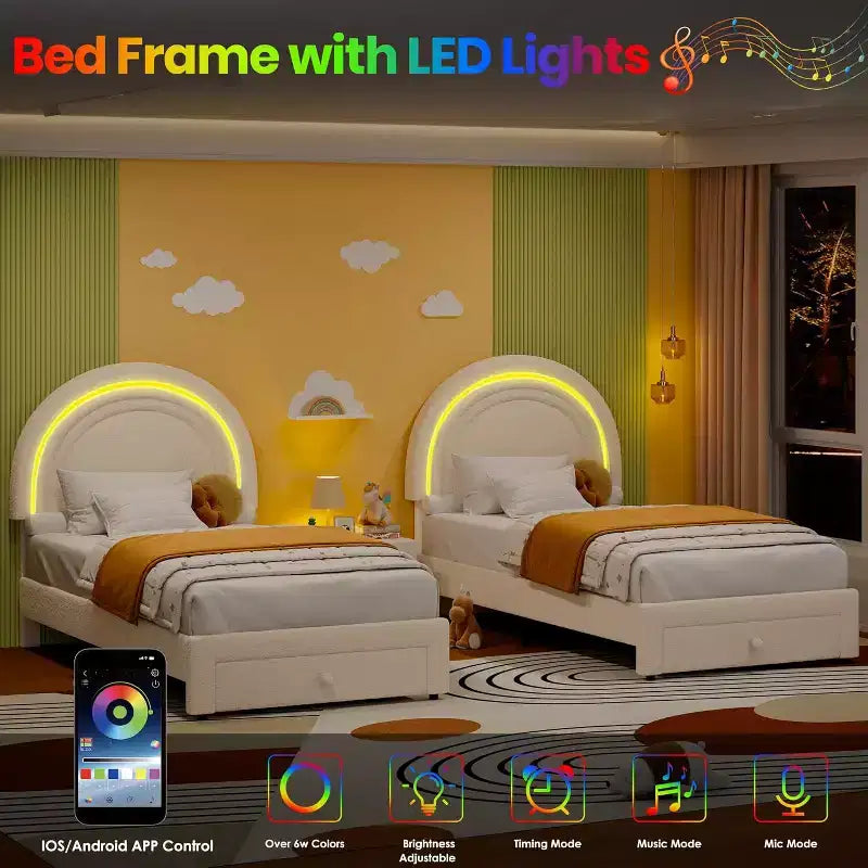 Struttura letto per bambini imbottita, testiera arcobaleno con LED, cassetto portaoggetti