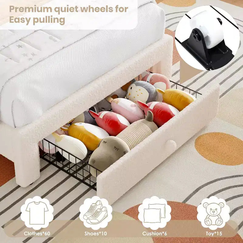 Struttura letto per bambini imbottita, testiera arcobaleno con LED, cassetto portaoggetti