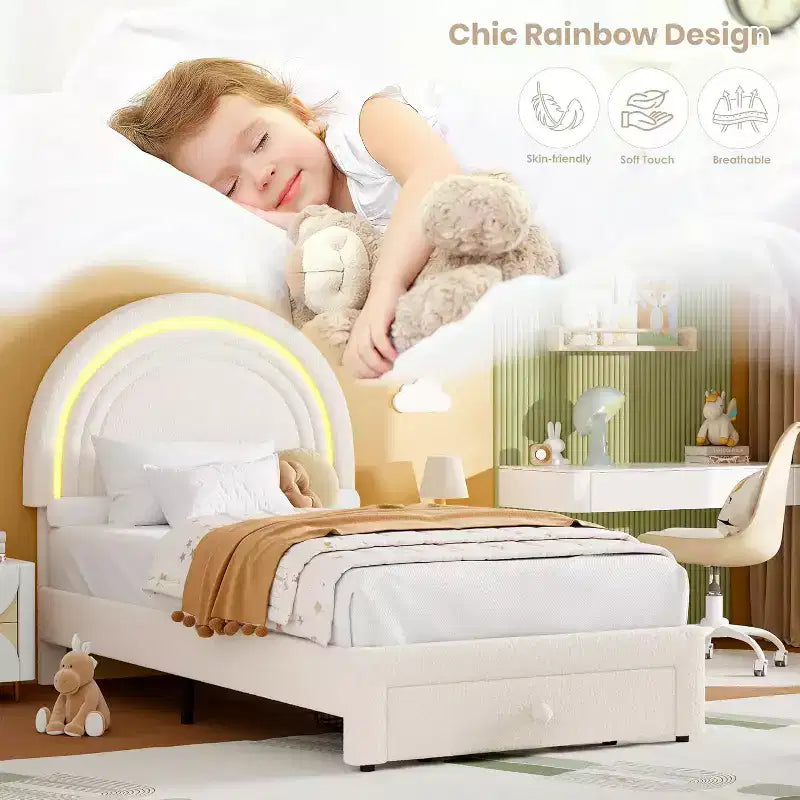 Struttura letto per bambini imbottita, testiera arcobaleno con LED, cassetto portaoggetti