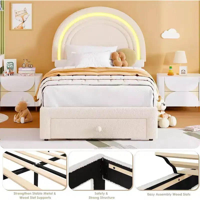 Struttura letto per bambini imbottita, testiera arcobaleno con LED, cassetto portaoggetti