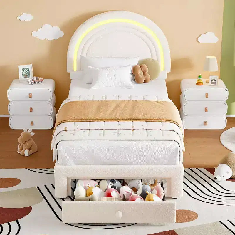 Struttura letto per bambini imbottita, testiera arcobaleno con LED, cassetto portaoggetti