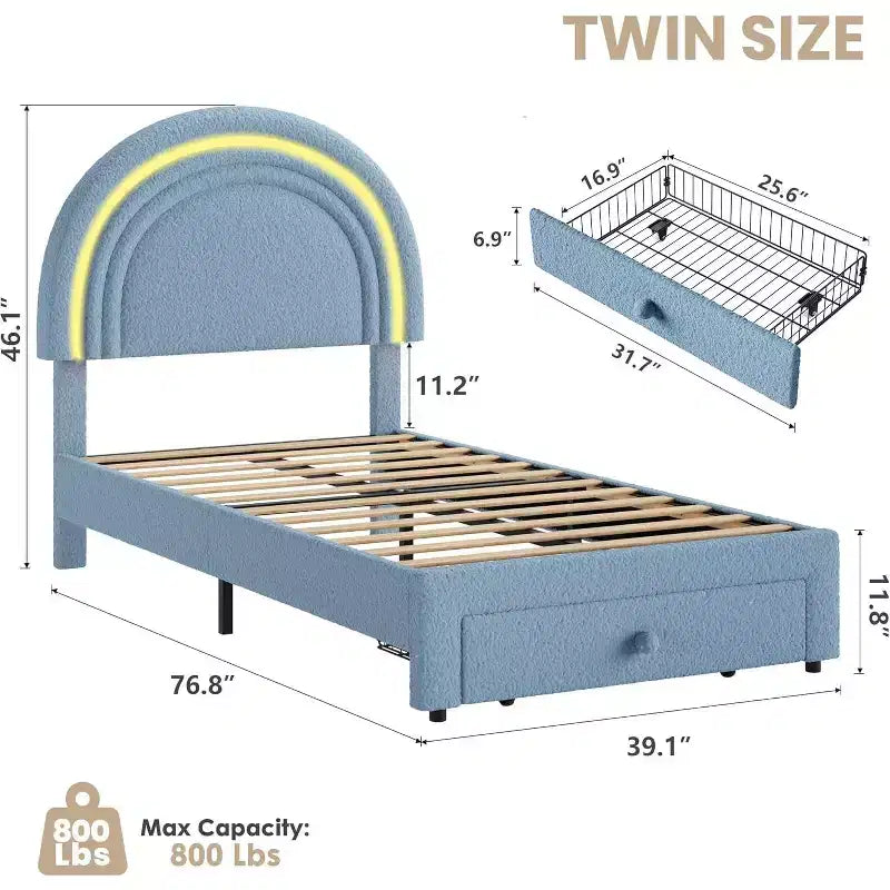 Struttura letto per bambini imbottita, testiera arcobaleno con LED, cassetto portaoggetti