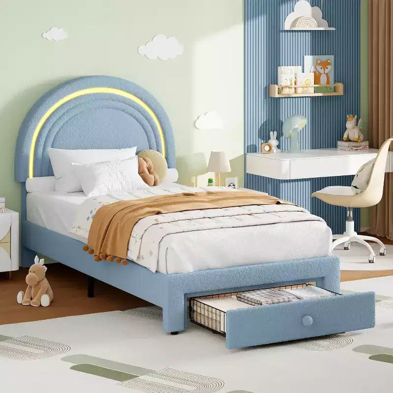Struttura letto per bambini imbottita, testiera arcobaleno con LED, cassetto portaoggetti