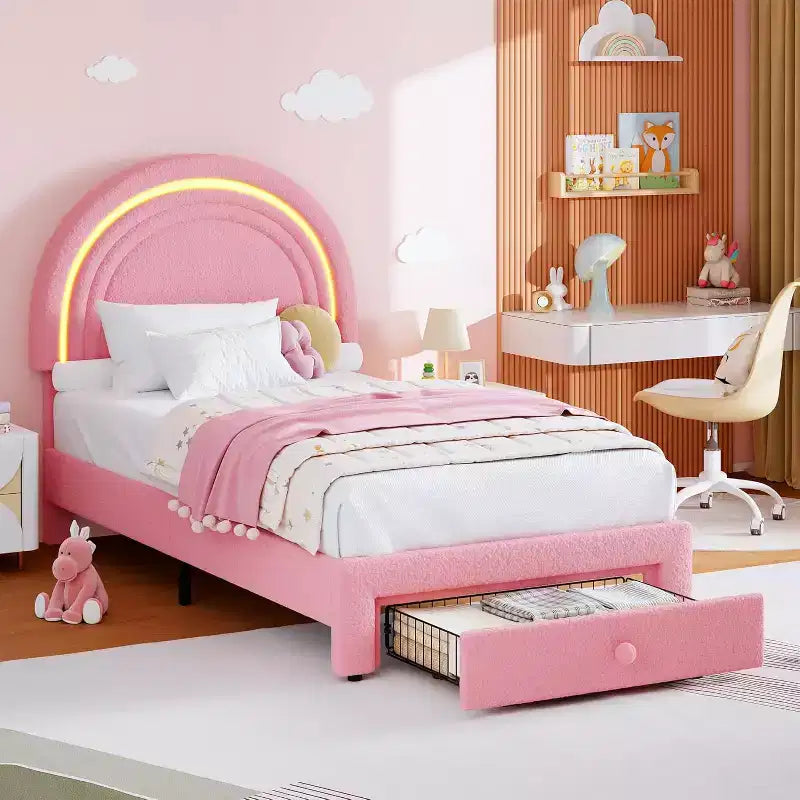 Struttura letto per bambini imbottita, testiera arcobaleno con LED, cassetto portaoggetti