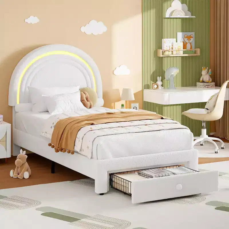 Struttura letto per bambini imbottita, testiera arcobaleno con LED, cassetto portaoggetti