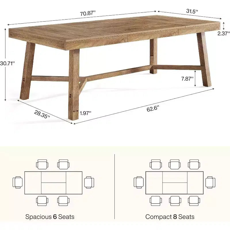Tavolo da Pranzo 180 cm Stile Rustico per 6-8 Persone, Gambe Rinforzate, Finitura in Legno Naturale
