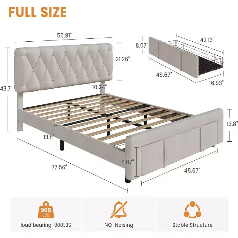 Letto imbottito king size a piattaforma con cassetti portaoggetti, nessuna necessità di rete a molle
