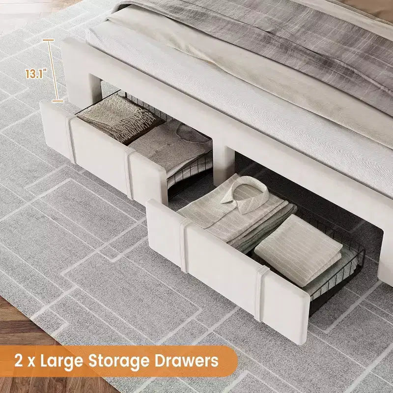 Letto imbottito king size a piattaforma con cassetti portaoggetti, nessuna necessità di rete a molle