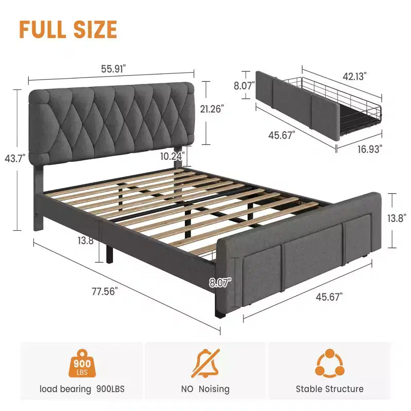 Letto imbottito king size a piattaforma con cassetti portaoggetti, nessuna necessità di rete a molle